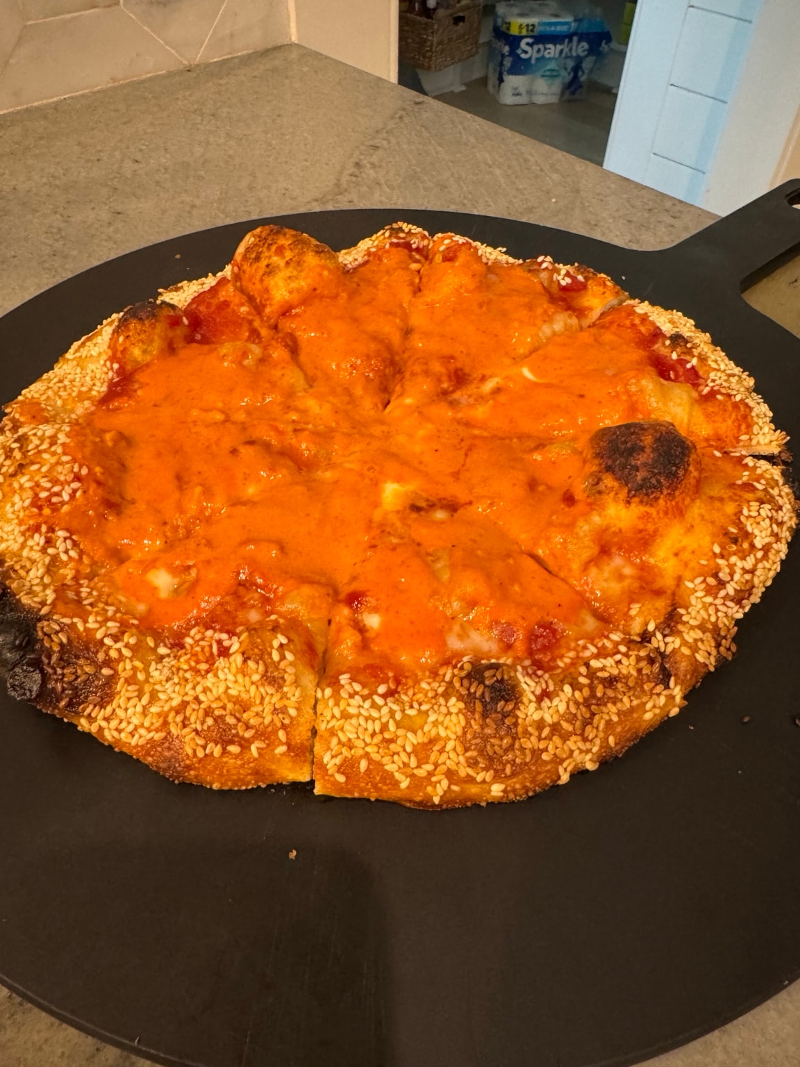 Pepperoni pizza fresh from outdoor oven