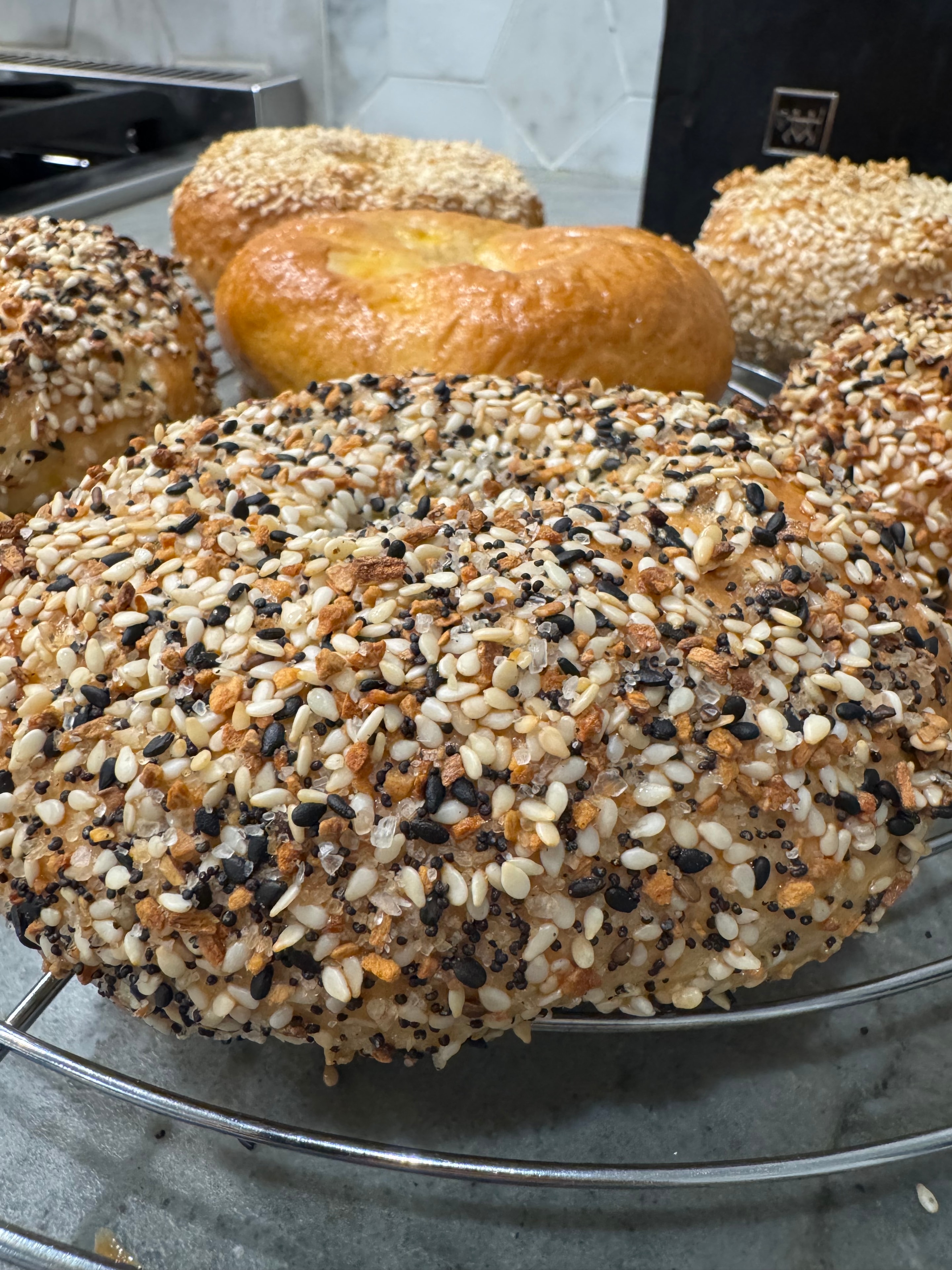 Seeded bagel close-up with sesame seeds